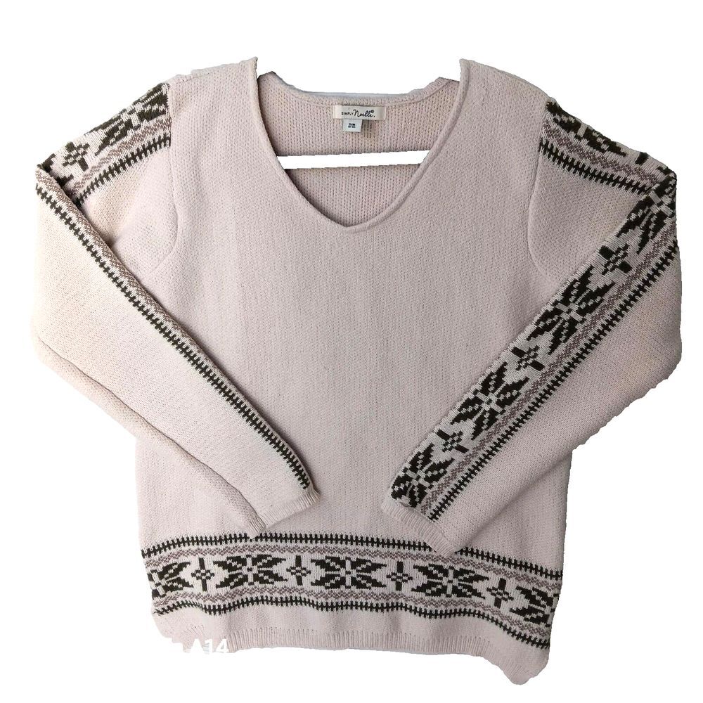 Simply Noelle Knit Sweater Small Medium Ivory/Green Azteca Sleeve Long